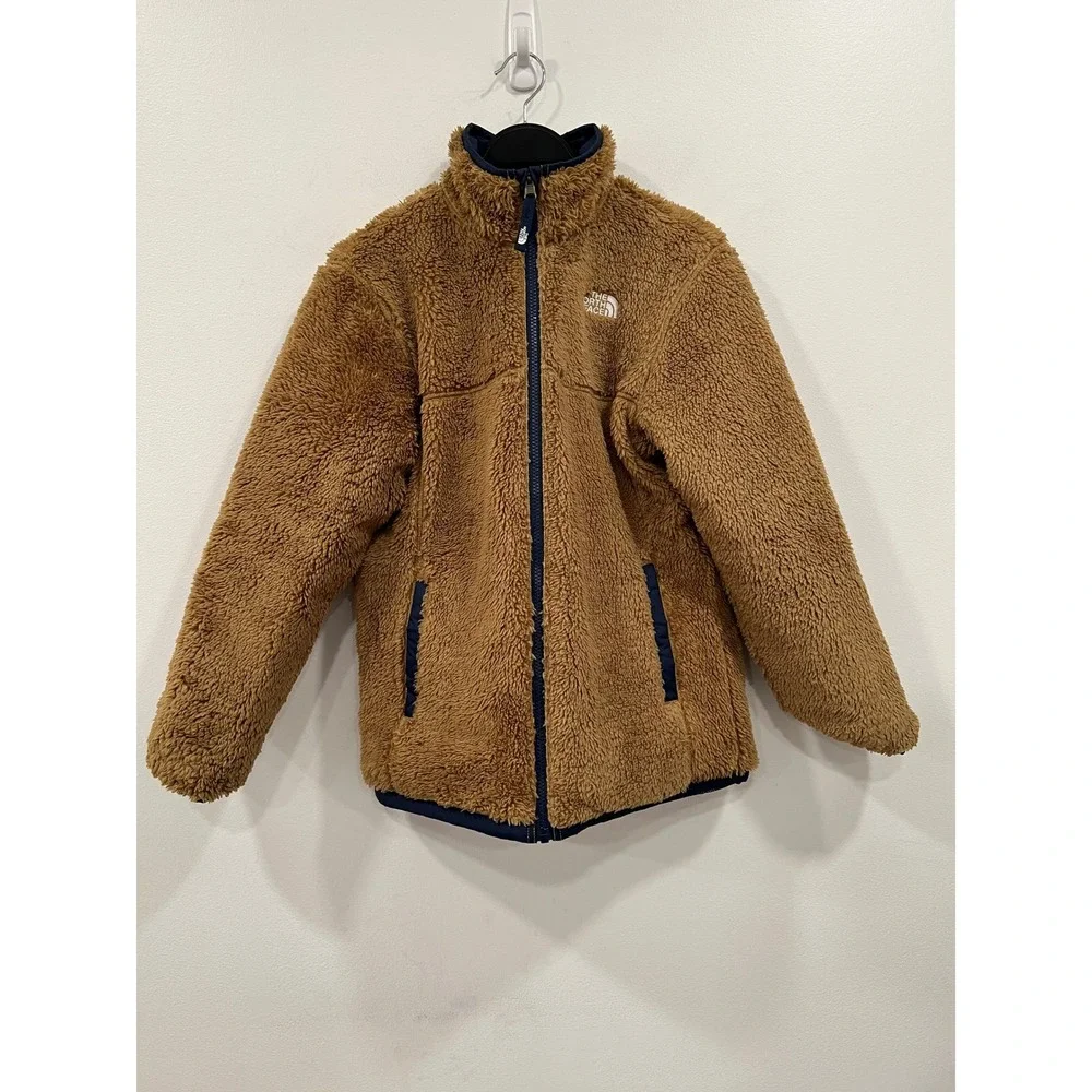 The North Face Puffer Jacket Boys Large Navy Blue Reversible Fleece Brown